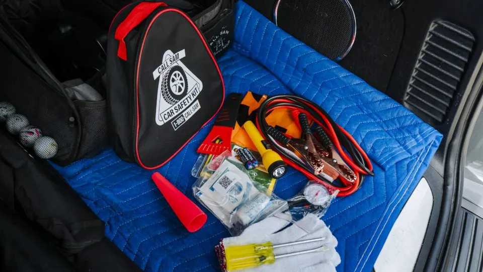 contents of the Call Sam Car Safety kit laid out in trunk