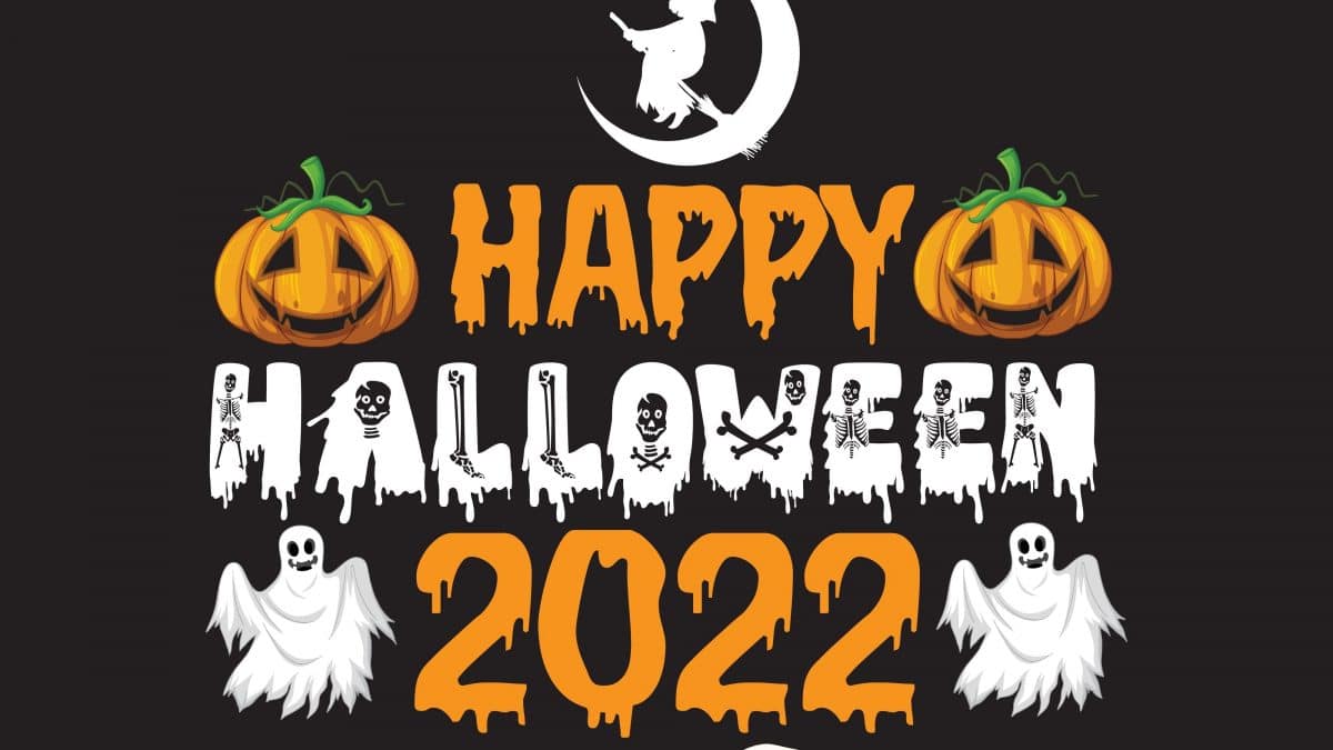 picture saying happy halloween 2022 with a witch, ghosts and pumpkins