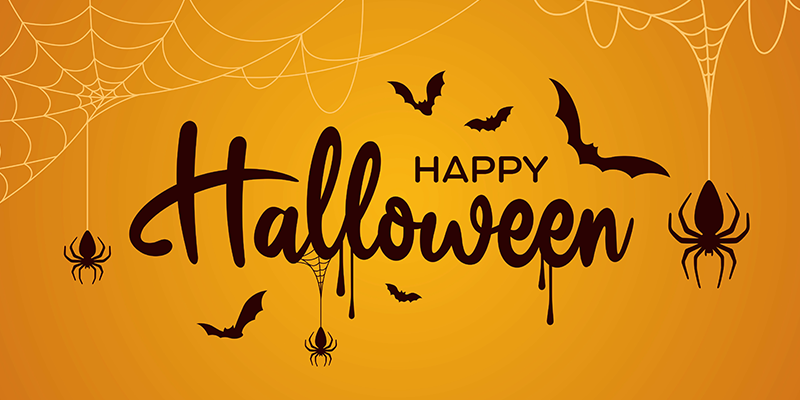The words happy Halloween in black with an orange background and black bats flying around the words
