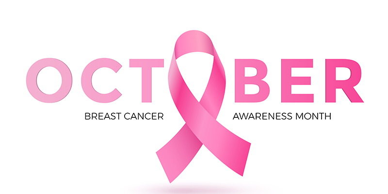 the word October in pink with the breast cancer awareness pink ribbon in place of the second O in the word