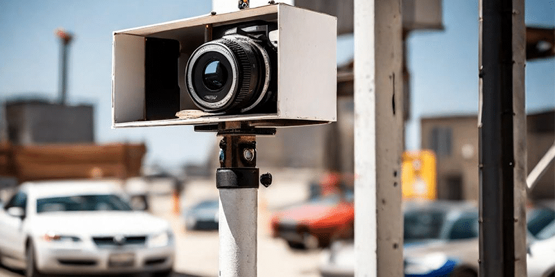 camera in a box mounted on a pole in a construction zone