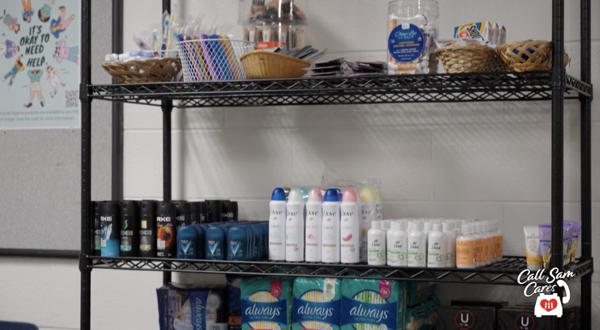 An industrial rack with hygiene products on the shelves
