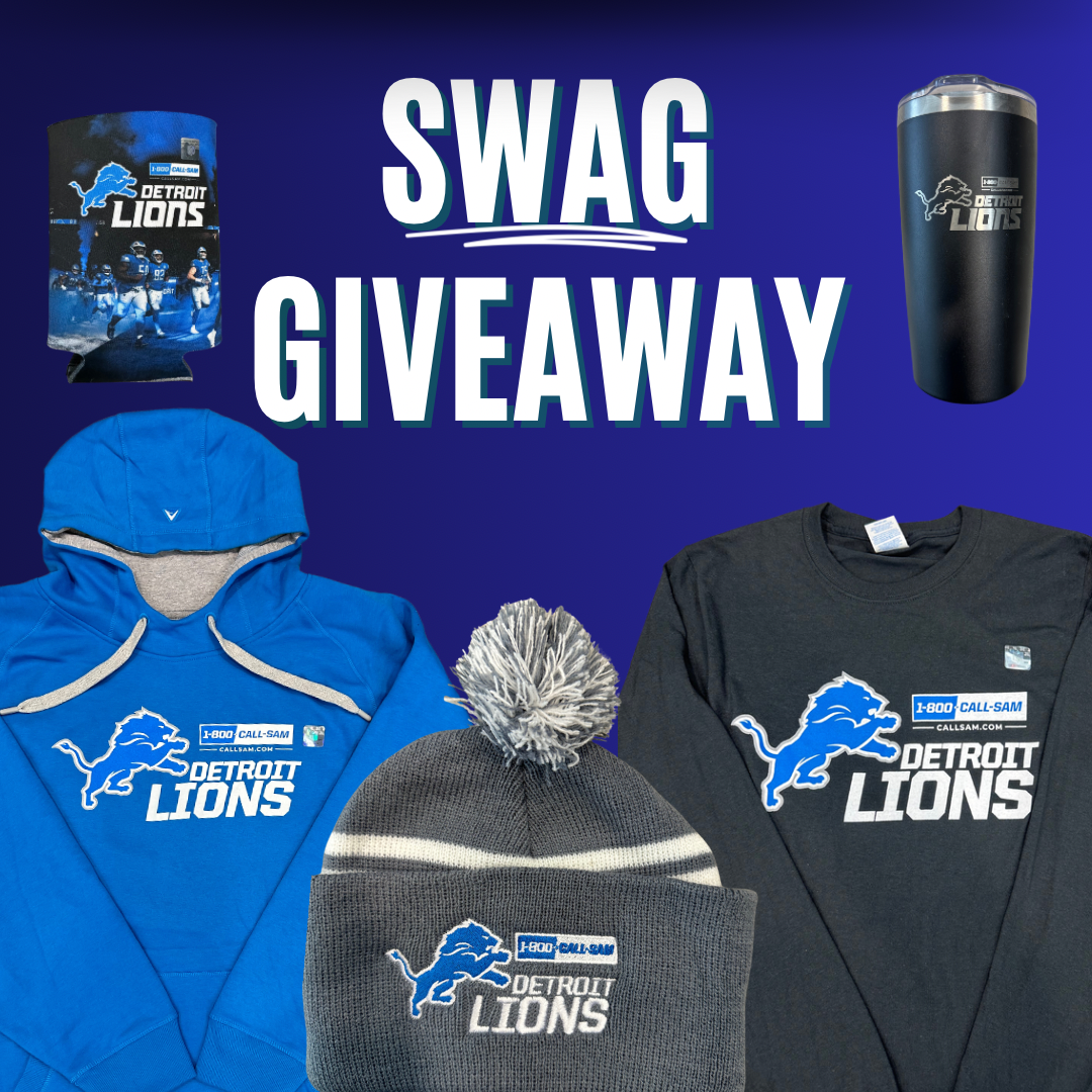 various swag items like shirts and cups branded with the Detroit Lions and SBLF logos