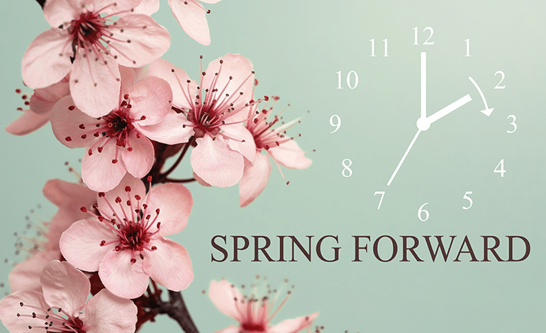 Orchid Flower with a clock next to it with the words Spring Froward underneath the clock