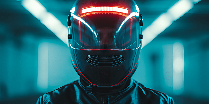 Futuristic biker wearing illuminated helmet in dark setting, conveying technology and safety. Modern and stylish protective gear.