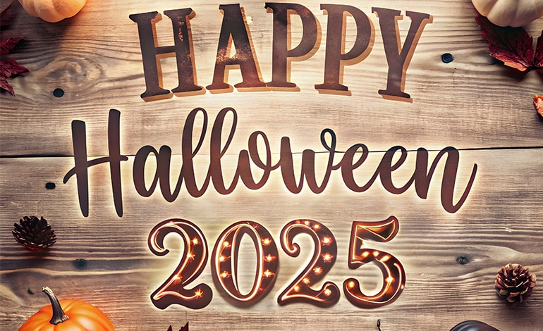 Happy Halloween 2025 written in digital font